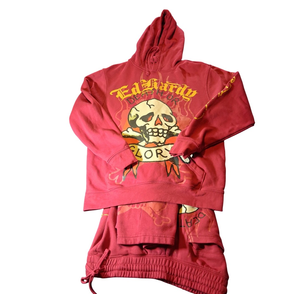 Ed Hardy Mens Death or Glory Skull Hoodie and Sweatpants Tracksuit Set Red M